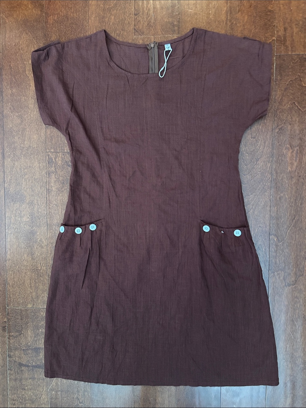 Casual Linen Blend Short Sleeve Shift Dress in Deep Brown, Size Large